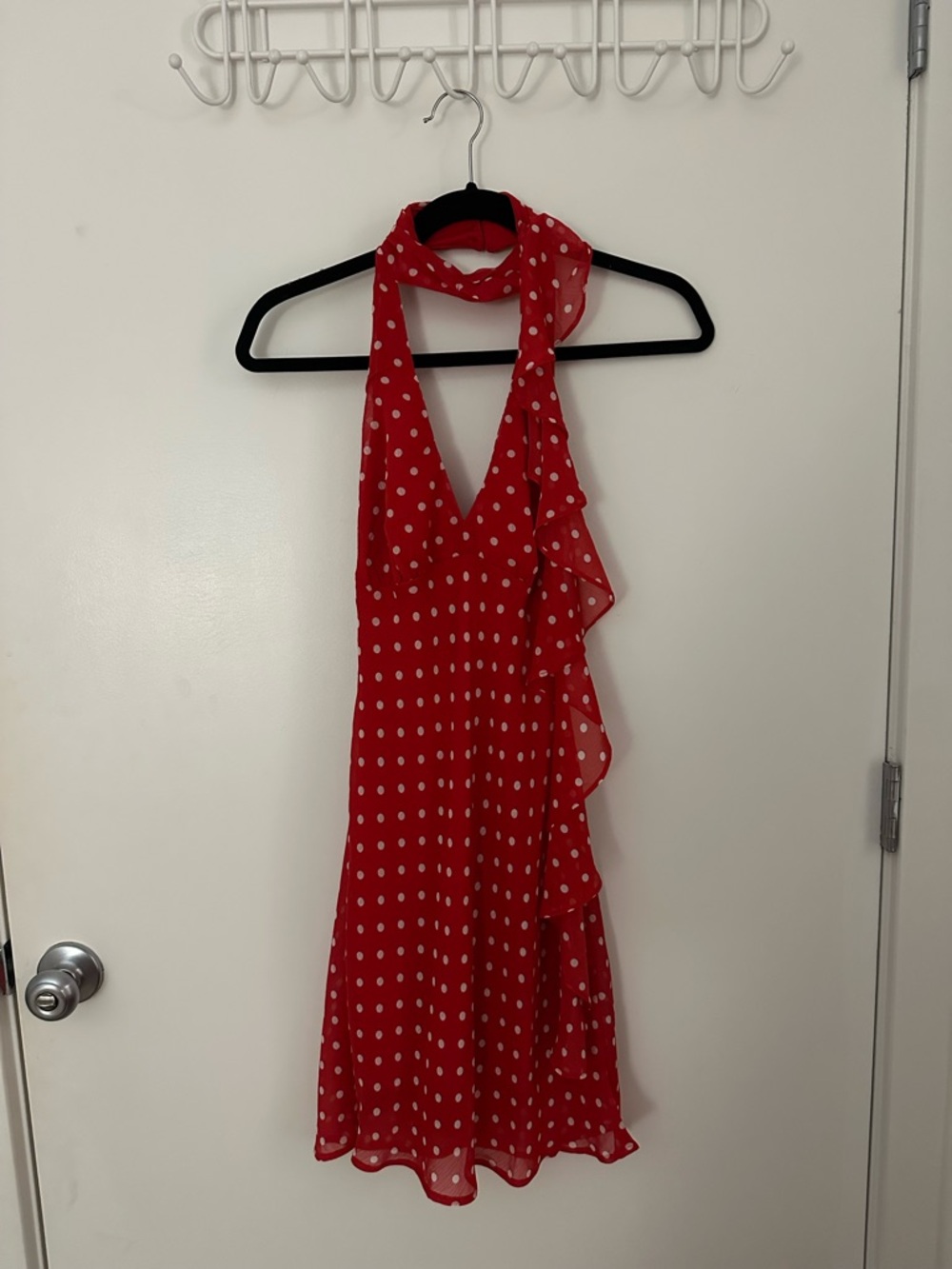 THIRTY THIRTY Red Polka Dot Halter Dress with Ruffle Detail